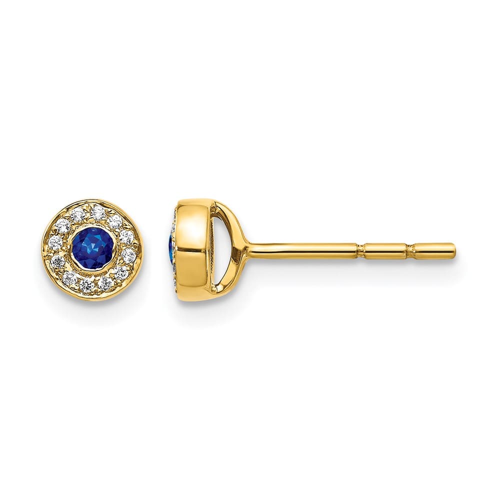 14K Yellow Gold Diamond and 2.3mm Round Sapphire Halo Post Earrings, view 1 of 4