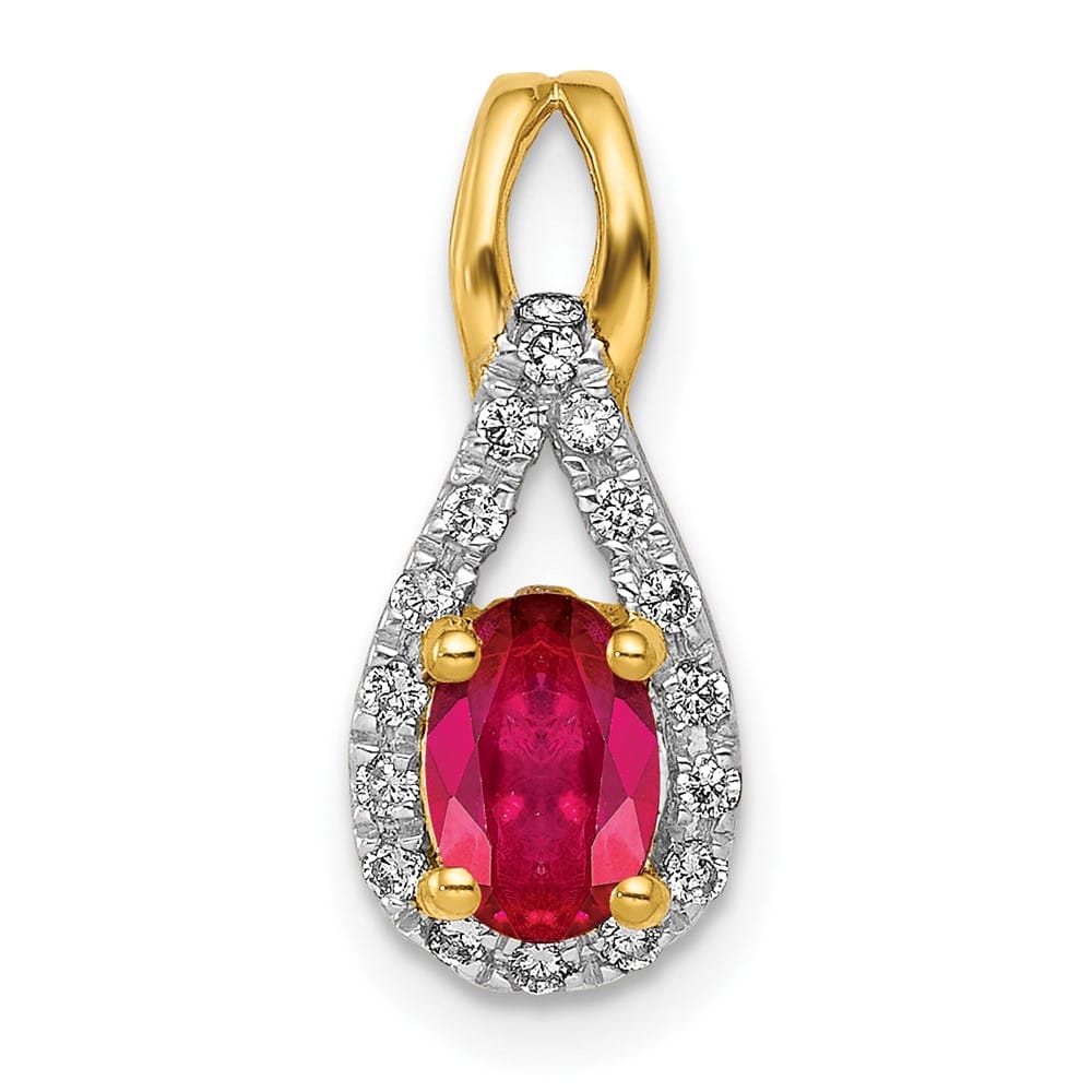 14K Yellow Gold Diamond and .50 ct Oval Ruby Teardrop Halo Pendant