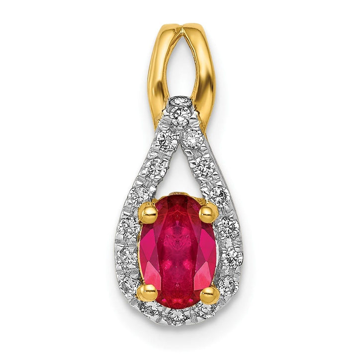 14K Yellow Gold Diamond and .50 ct Oval Ruby Teardrop Halo Pendant