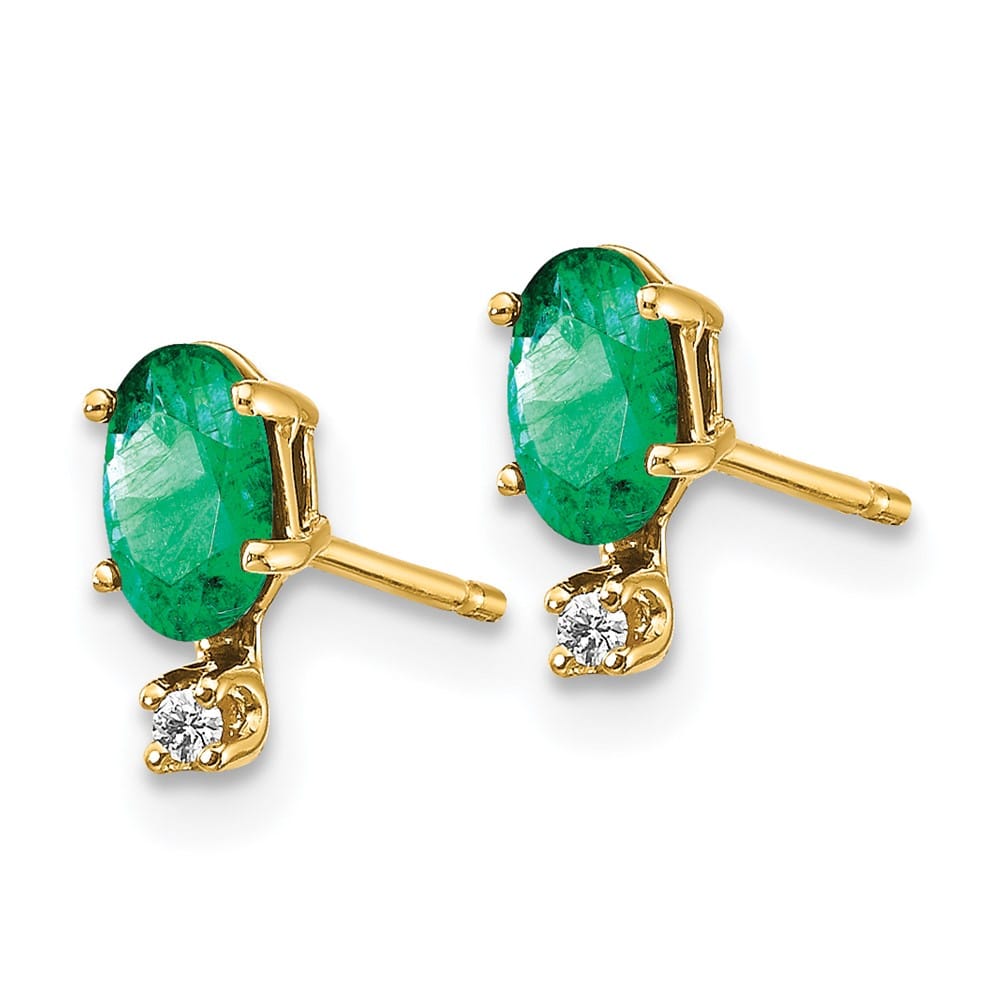 14K Yellow Gold Diamond and 5x3 Oval May/Emerald Birthstone Earrings, view 2 of 4