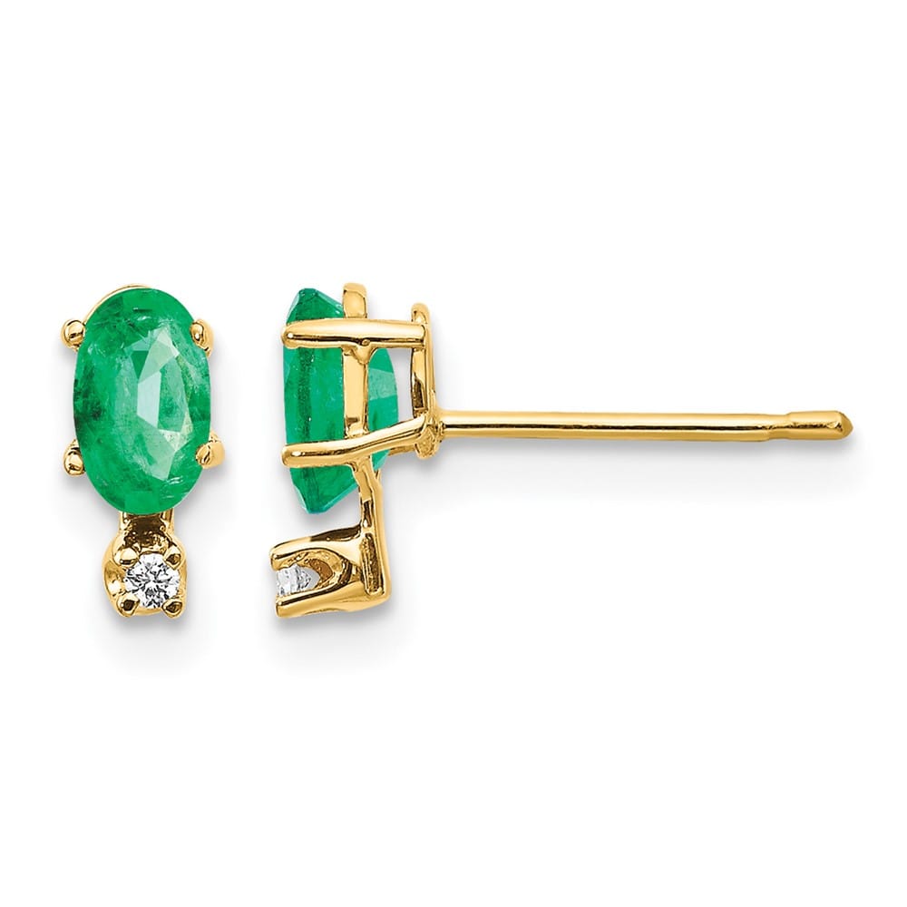 14K Yellow Gold Diamond and 5x3 Oval May/Emerald Birthstone Earrings, view 1 of 4