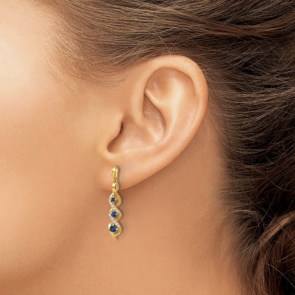 14K Yellow Gold Diamond and Blue Sapphire Twisted Post Dangle Earrings, view 3 of 4