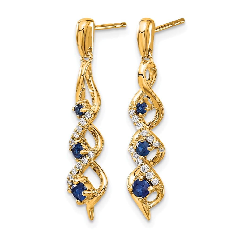14K Yellow Gold Diamond and Blue Sapphire Twisted Post Dangle Earrings, view 2 of 4