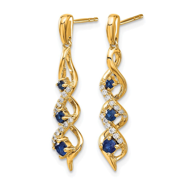 14K Yellow Gold Diamond and Blue Sapphire Twisted Post Dangle Earrings, view 2 of 4