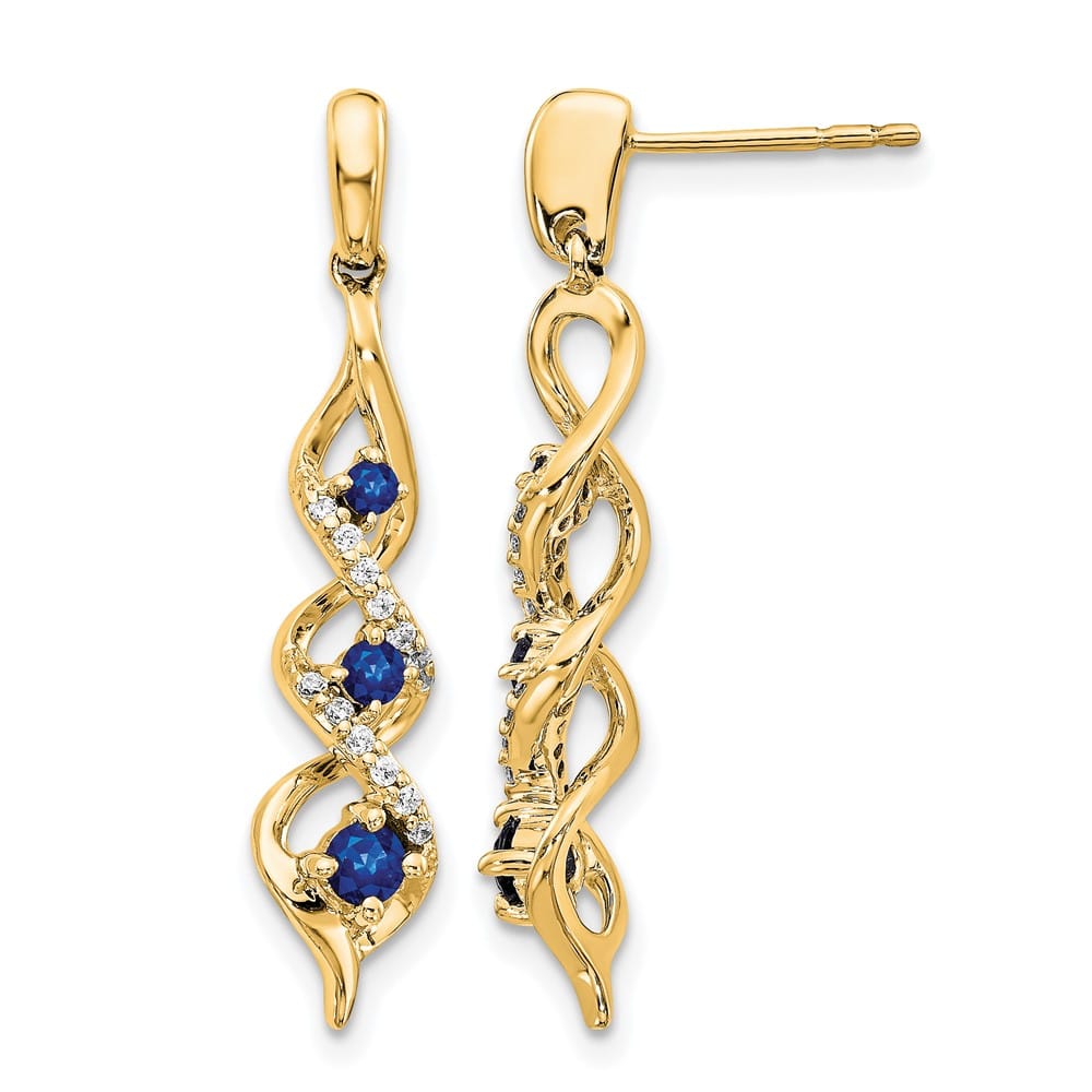 14K Yellow Gold Diamond and Blue Sapphire Twisted Post Dangle Earrings, view 1 of 4