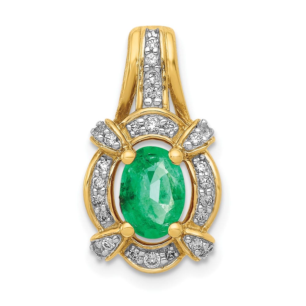 14K Yellow Gold Diamond and Oval Emerald Fancy Vintage Pendant