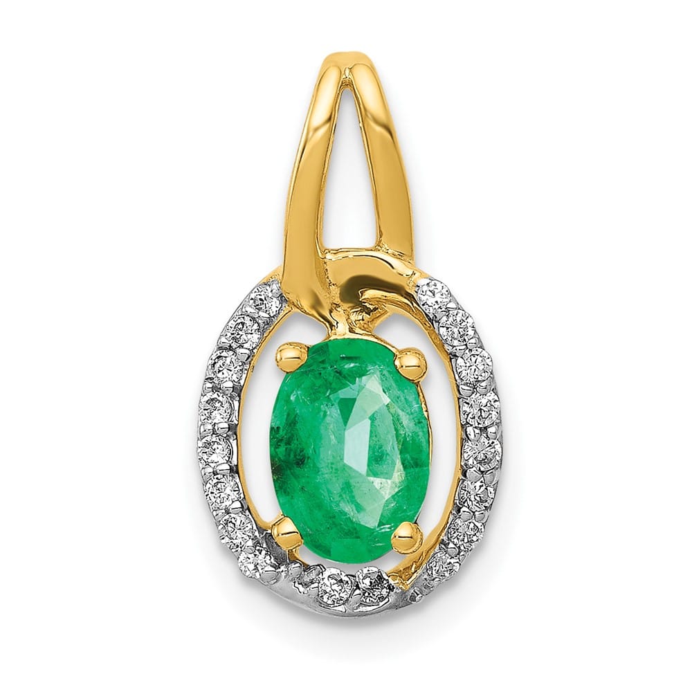 14K Yellow Gold Diamond and Oval Emerald Halo Pendant