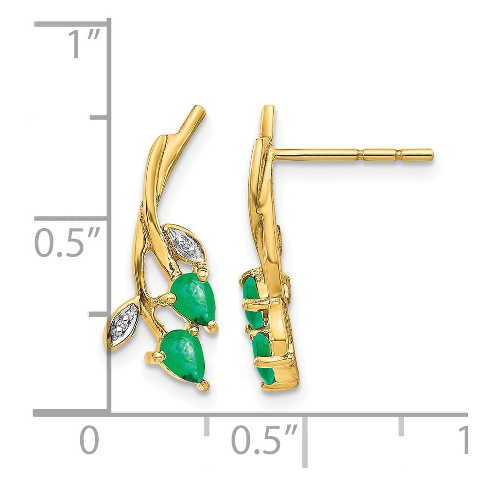 14K Yellow Gold Diamond and Pear Emerald Floral Post Earrings, view 4 of 4