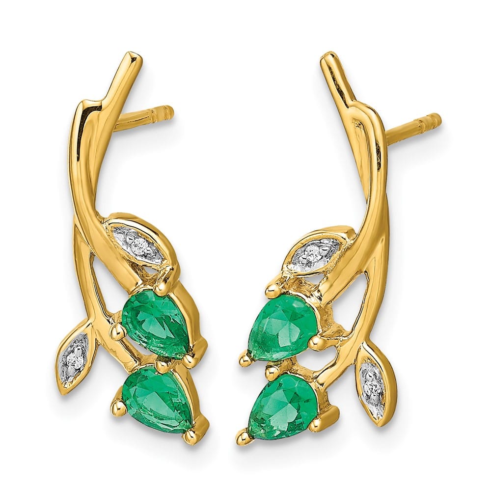 14K Yellow Gold Diamond and Pear Emerald Floral Post Earrings, view 2 of 4