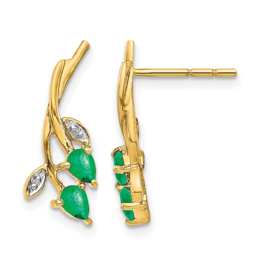 14K Yellow Gold Diamond and Pear Emerald Floral Post Earrings, view 1 of 4