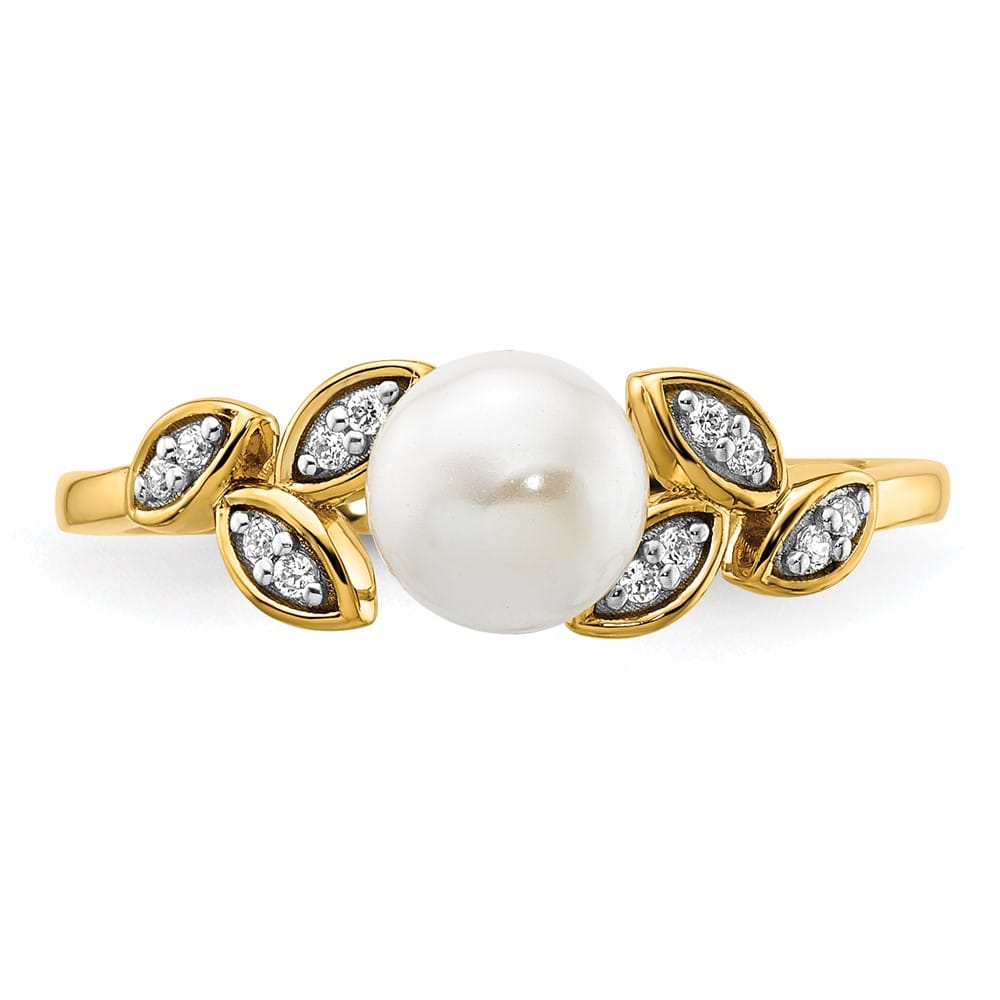 14k Yellow Gold Diamond and White Freshwater Cultured Pearl Leaf Ring Size 7