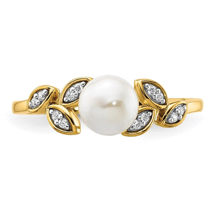 14k Yellow Gold Diamond and White Freshwater Cultured Pearl Leaf Ring Size 7