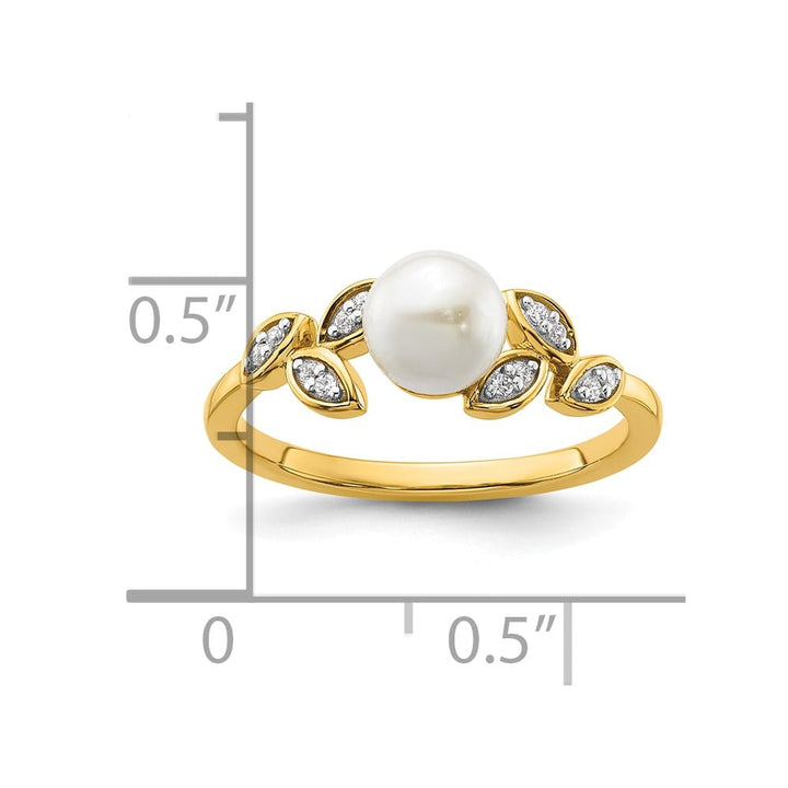 14k Yellow Gold Diamond and White Freshwater Cultured Pearl Leaf Ring Size 7