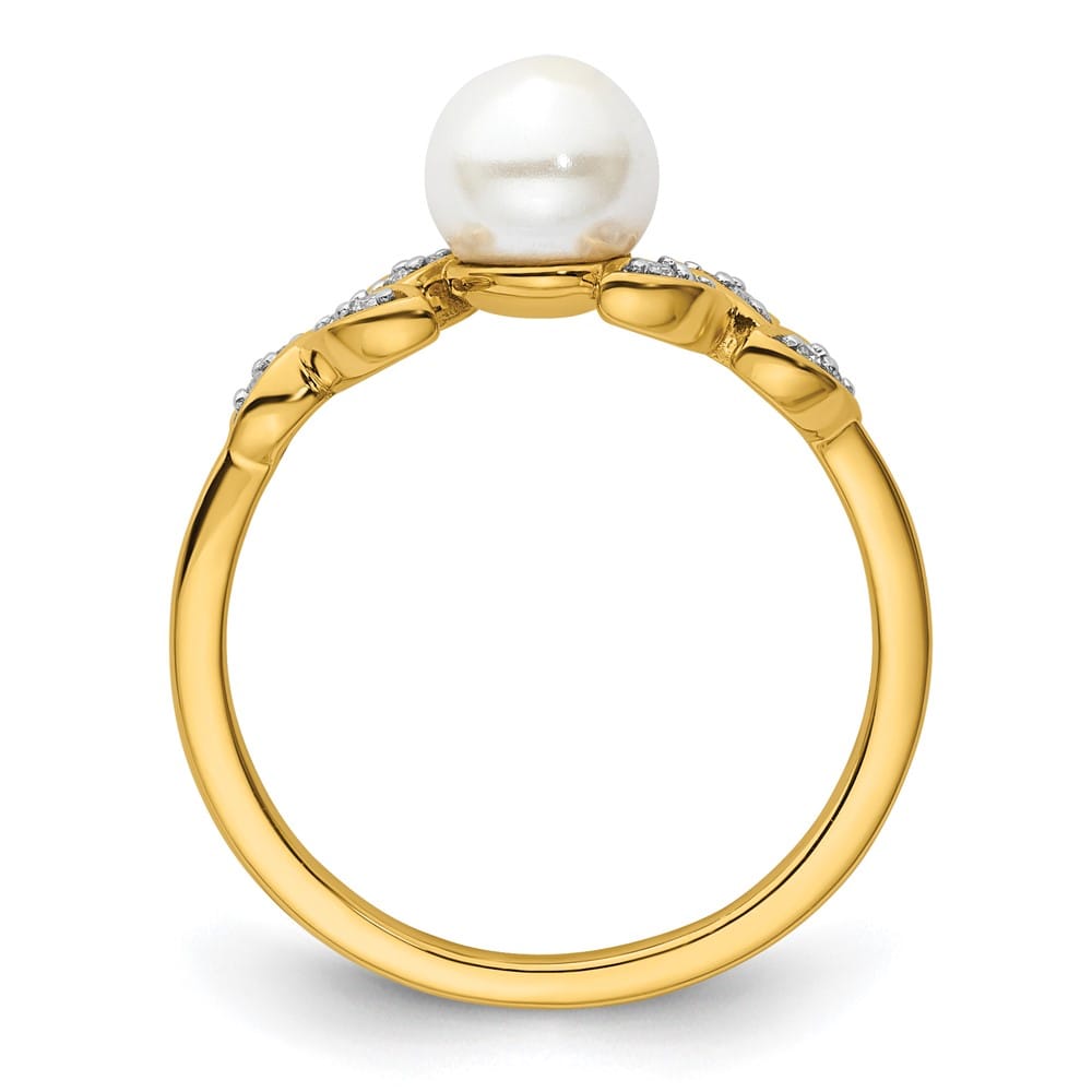 14k Yellow Gold Diamond and White Freshwater Cultured Pearl Leaf Ring Size 7