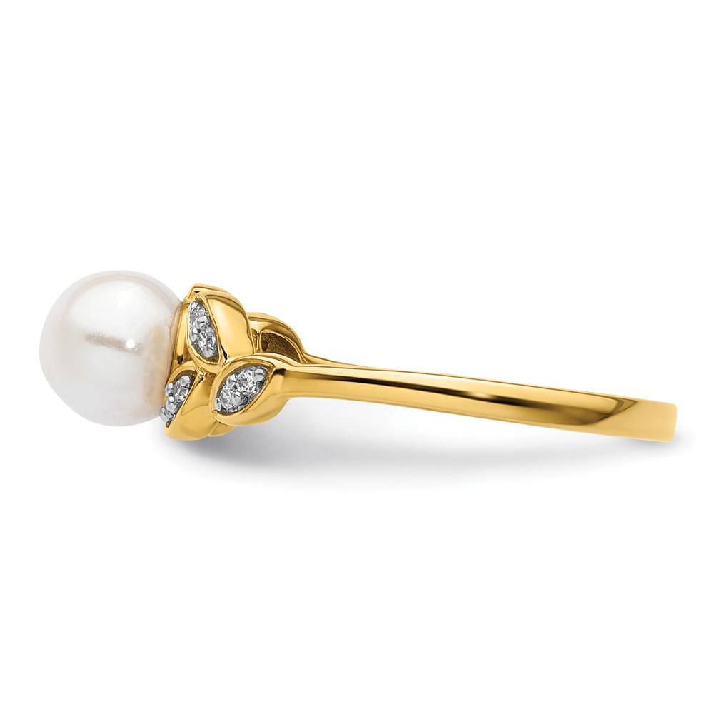 14k Yellow Gold Diamond and White Freshwater Cultured Pearl Leaf Ring Size 7