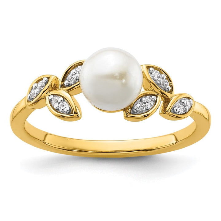 14k Yellow Gold Diamond and White Freshwater Cultured Pearl Leaf Ring Size 7
