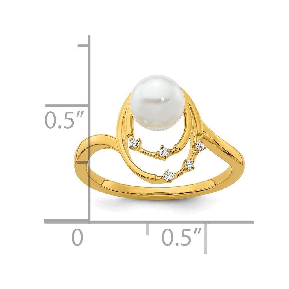 14k Yellow Gold Diamond and White Freshwater Cultured Pearl Ovals Ring Size 7
