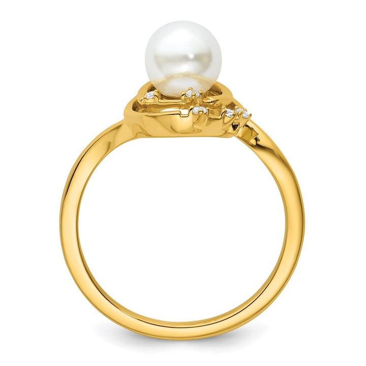 14k Yellow Gold Diamond and White Freshwater Cultured Pearl Ovals Ring Size 7