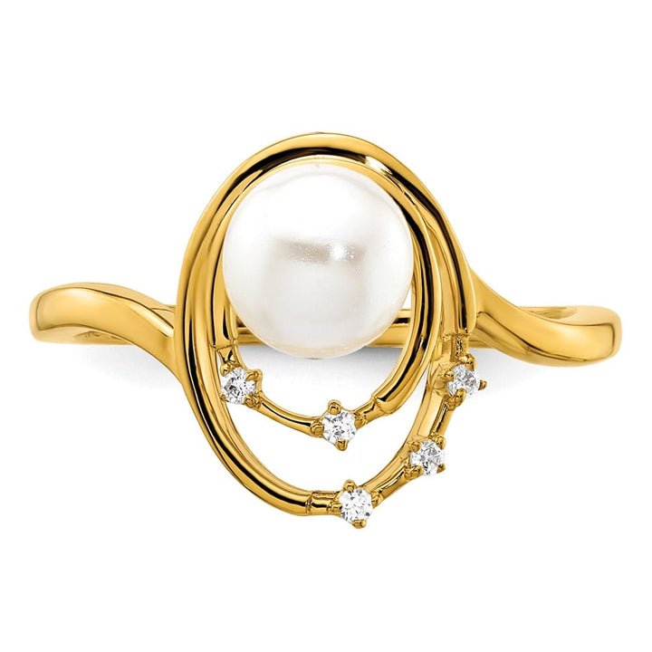 14k Yellow Gold Diamond and White Freshwater Cultured Pearl Ovals Ring Size 7