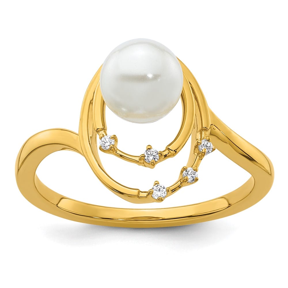14k Yellow Gold Diamond and White Freshwater Cultured Pearl Ovals Ring Size 7