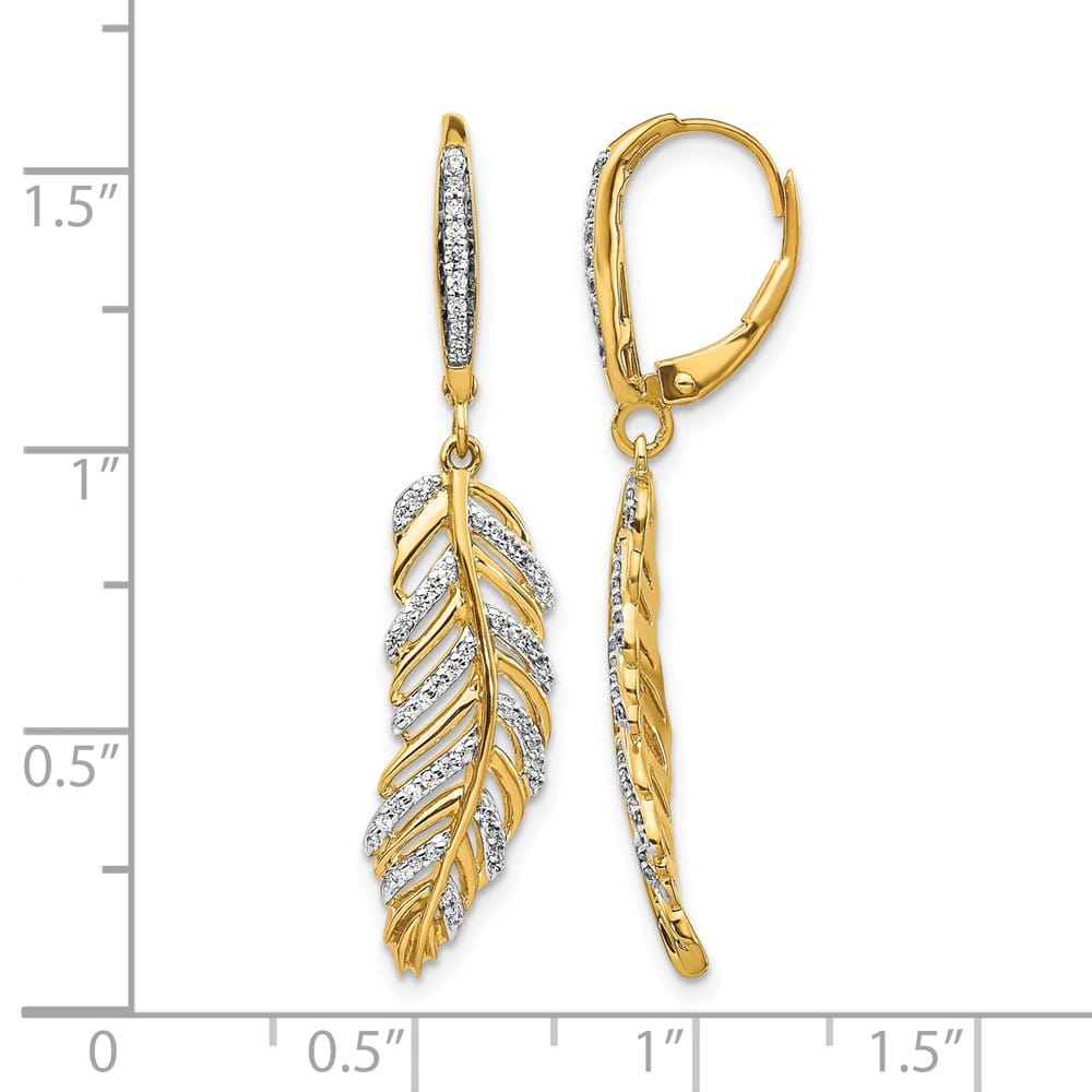 14K Yellow Gold Diamond Fancy Feather Leverback Earrings, view 4 of 4