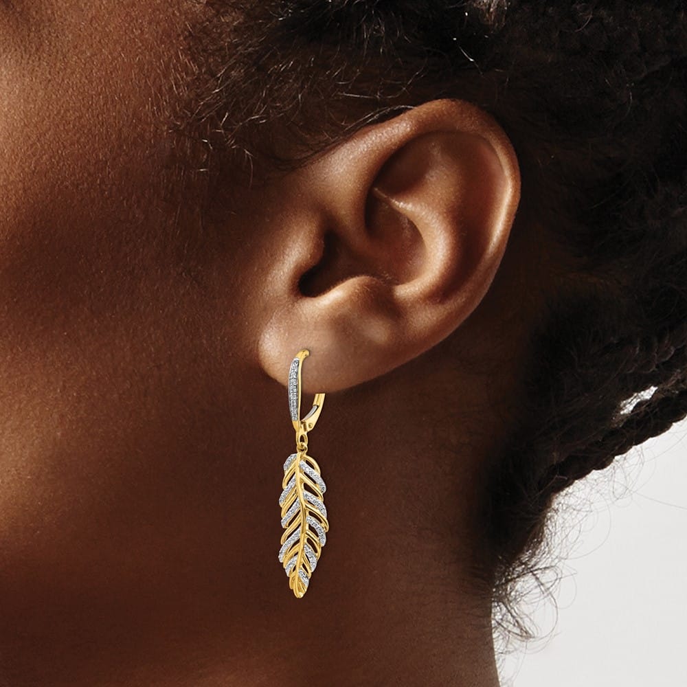 14K Yellow Gold Diamond Fancy Feather Leverback Earrings, view 3 of 4