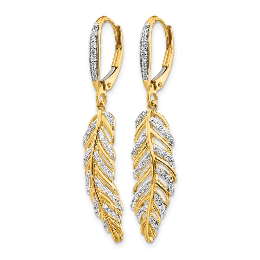 14K Yellow Gold Diamond Fancy Feather Leverback Earrings, view 2 of 4