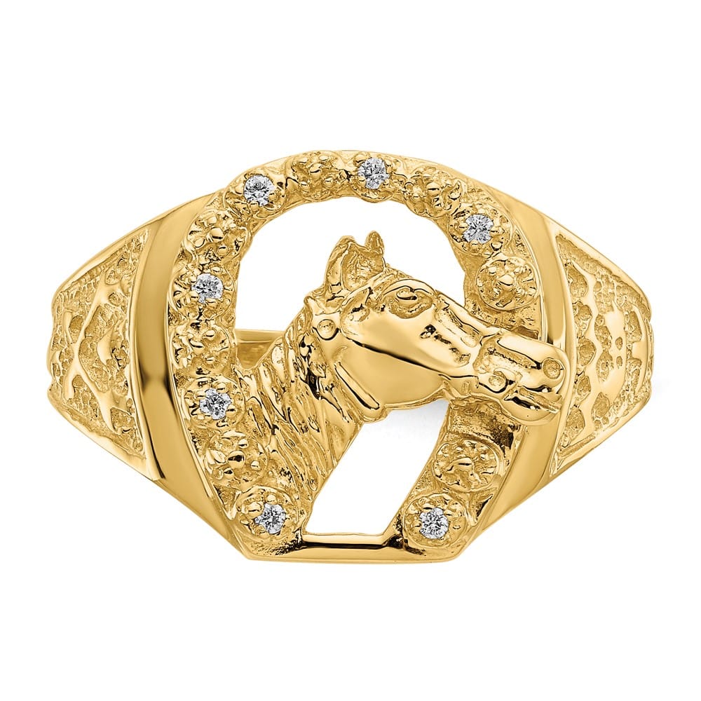 14k Yellow Gold Diamond Horseshoe with Horse in Center Men's Ring