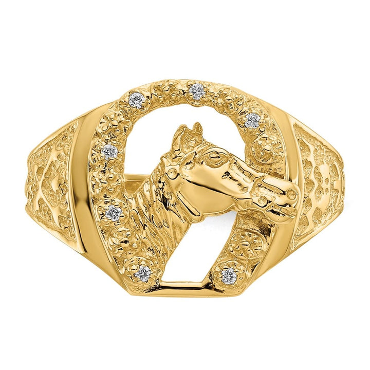 14k Yellow Gold Diamond Horseshoe with Horse in Center Men's Ring