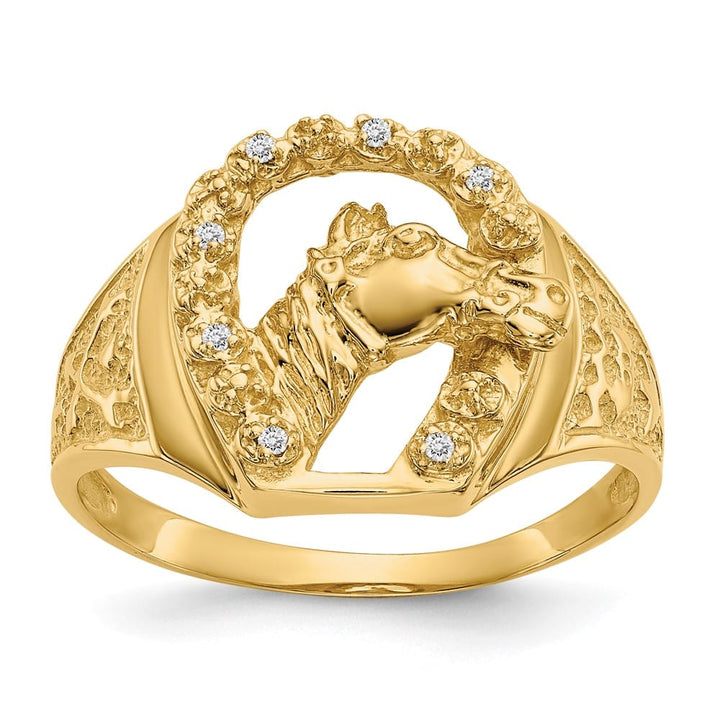 14k Yellow Gold Diamond Horseshoe with Horse in Center Men's Ring