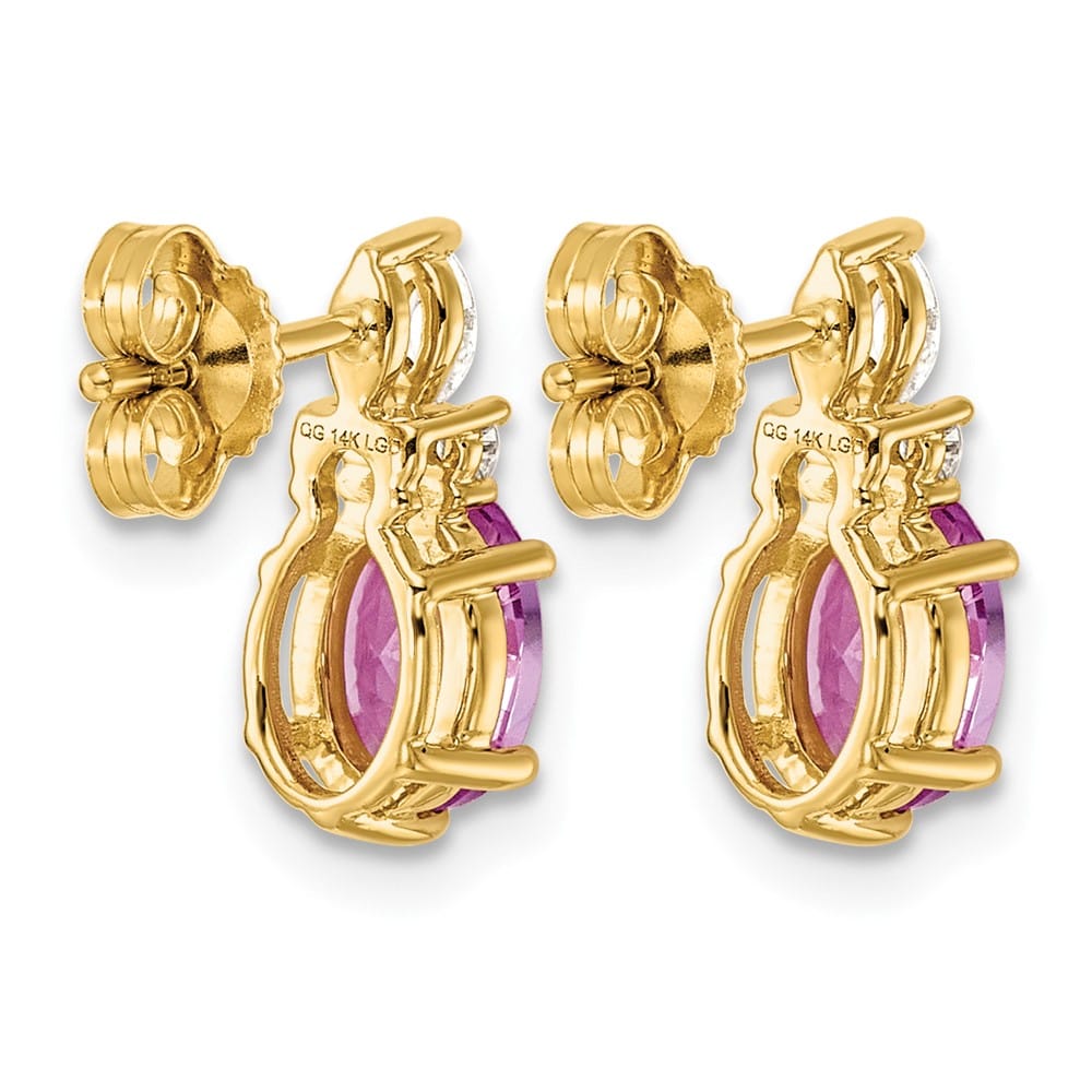 14K Yellow Gold Diamond Oval Created Pink Sapphire Post Earrings, view 4 of 4