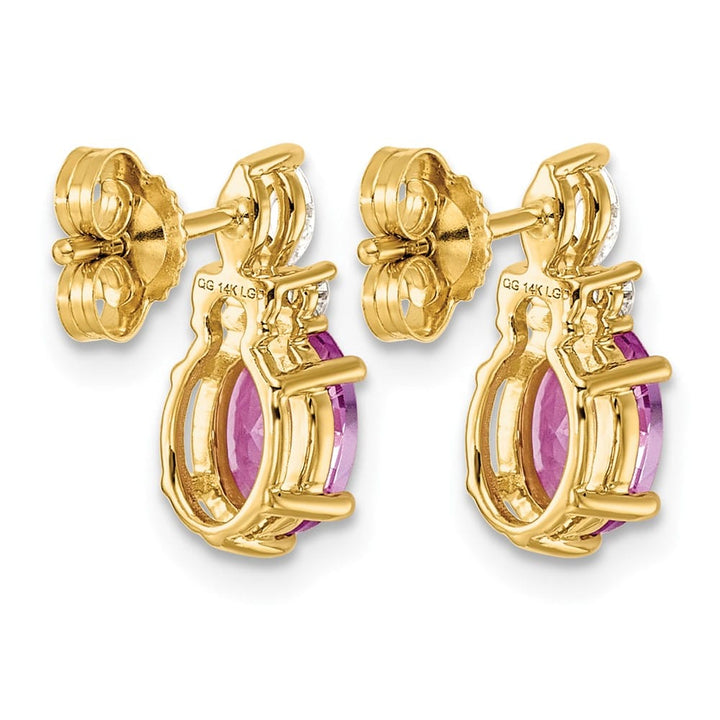 14K Yellow Gold Diamond Oval Created Pink Sapphire Post Earrings, view 4 of 4