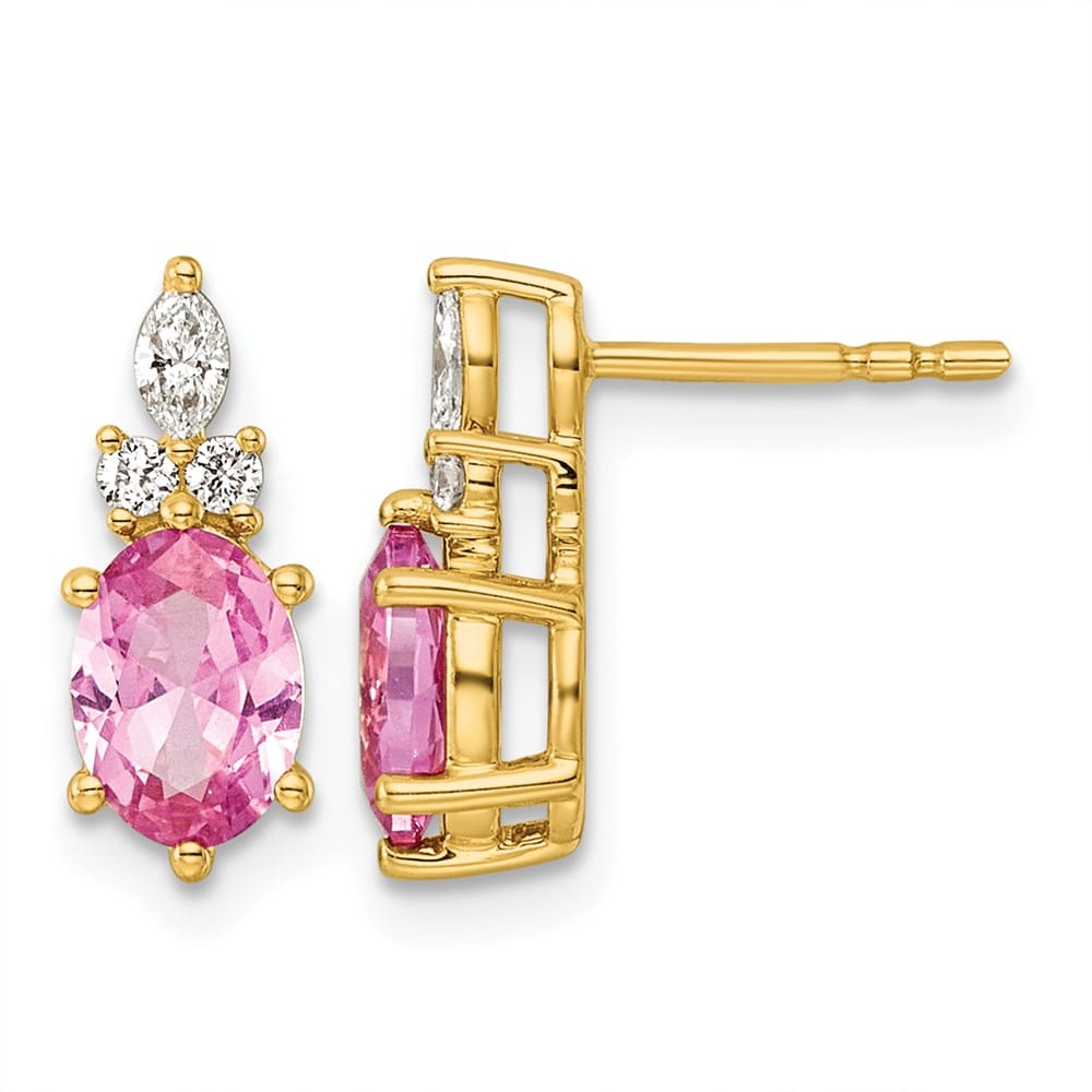 14K Yellow Gold Diamond Oval Created Pink Sapphire Post Earrings, view 1 of 4