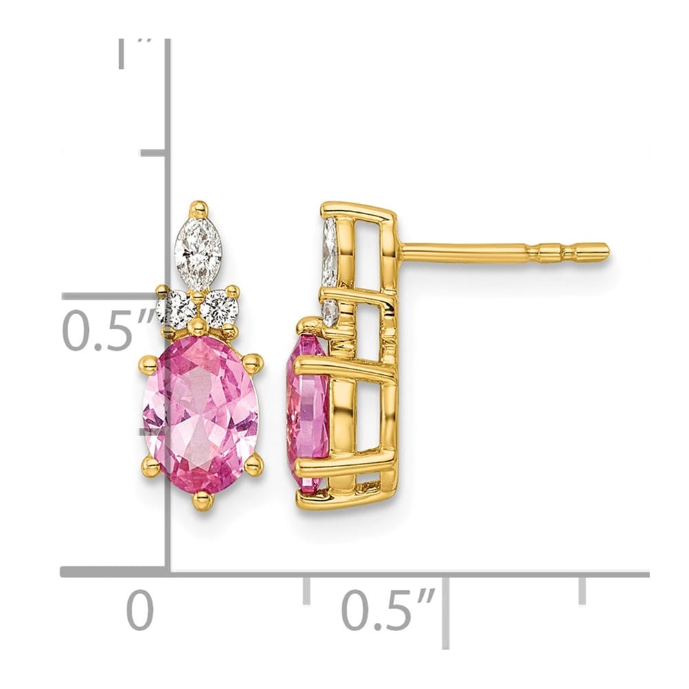 14K Yellow Gold Diamond Oval Created Pink Sapphire Post Earrings, view 3 of 4