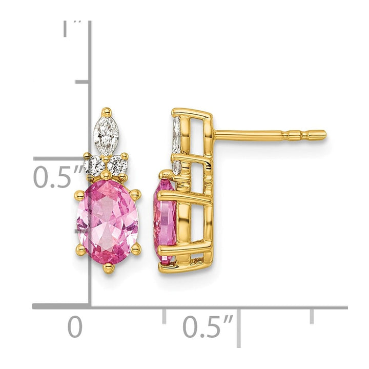 14K Yellow Gold Diamond Oval Created Pink Sapphire Post Earrings, view 3 of 4
