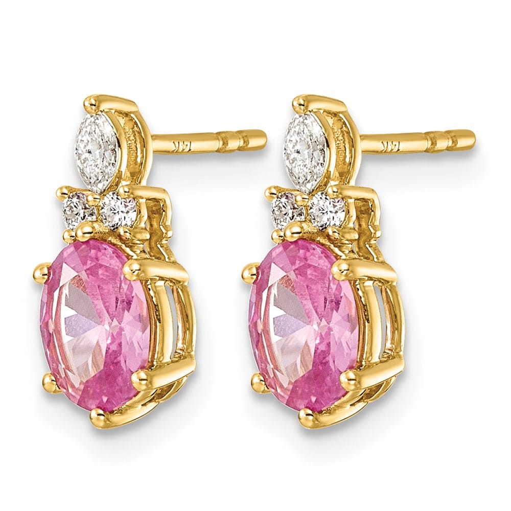 14K Yellow Gold Diamond Oval Created Pink Sapphire Post Earrings, view 2 of 4