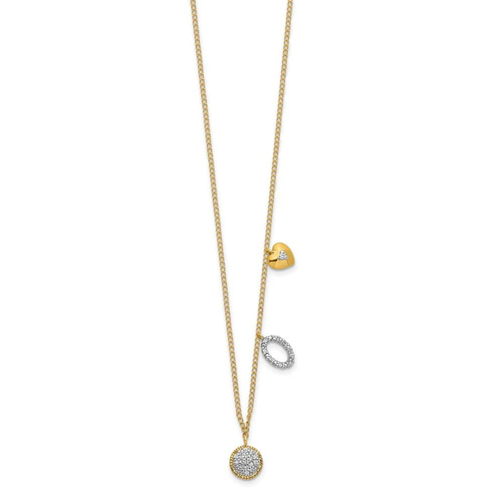 14K Yellow Gold Diamond Two Circle and Heart 18 inch Necklace