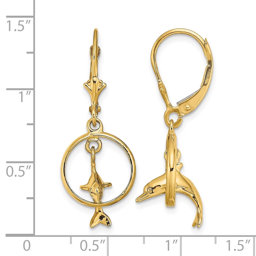 14K Yellow Gold Dolphin Jumping Through Hoop Dangle Leverback Earrings, view 4 of 4