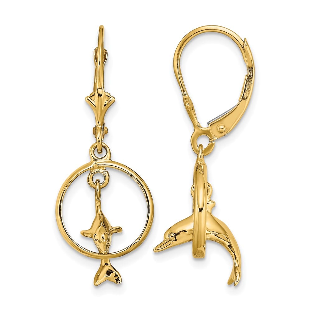 14K Yellow Gold Dolphin Jumping Through Hoop Dangle Leverback Earrings, view 1 of 4