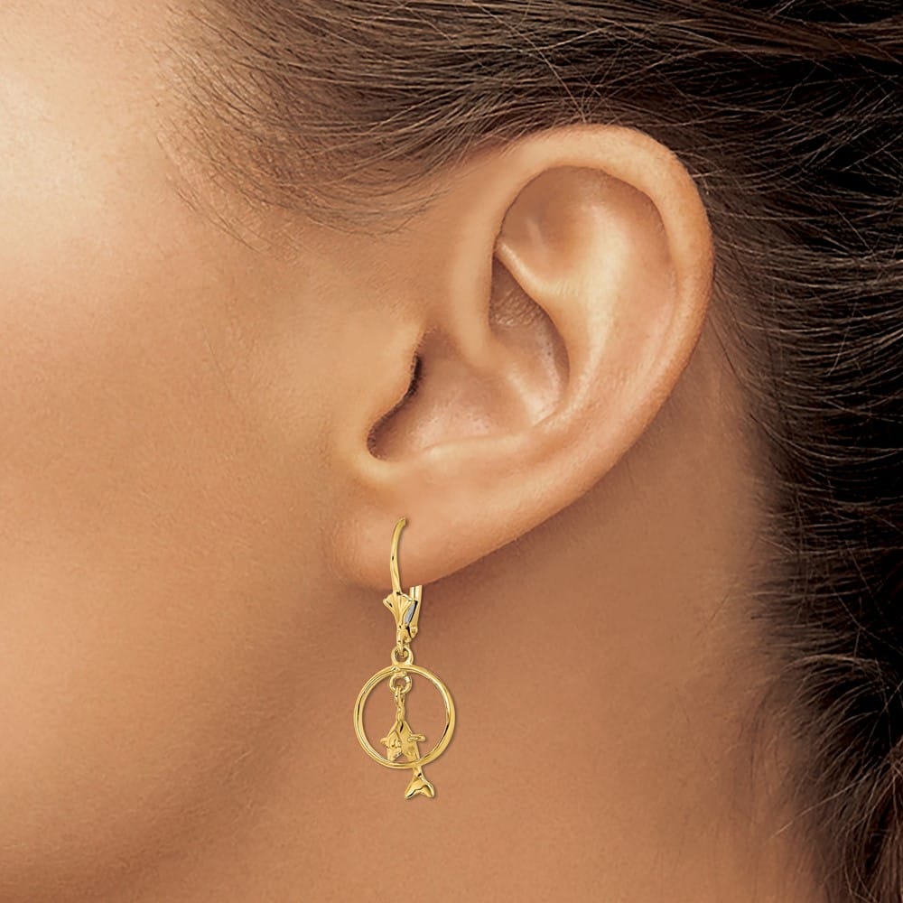 14K Yellow Gold Dolphin Jumping Through Hoop Dangle Leverback Earrings, view 3 of 4