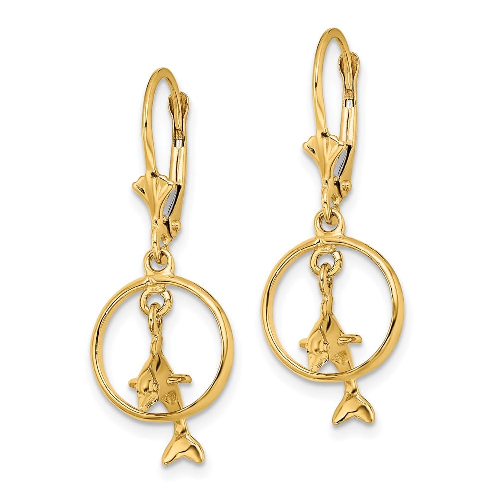14K Yellow Gold Dolphin Jumping Through Hoop Dangle Leverback Earrings, view 2 of 4