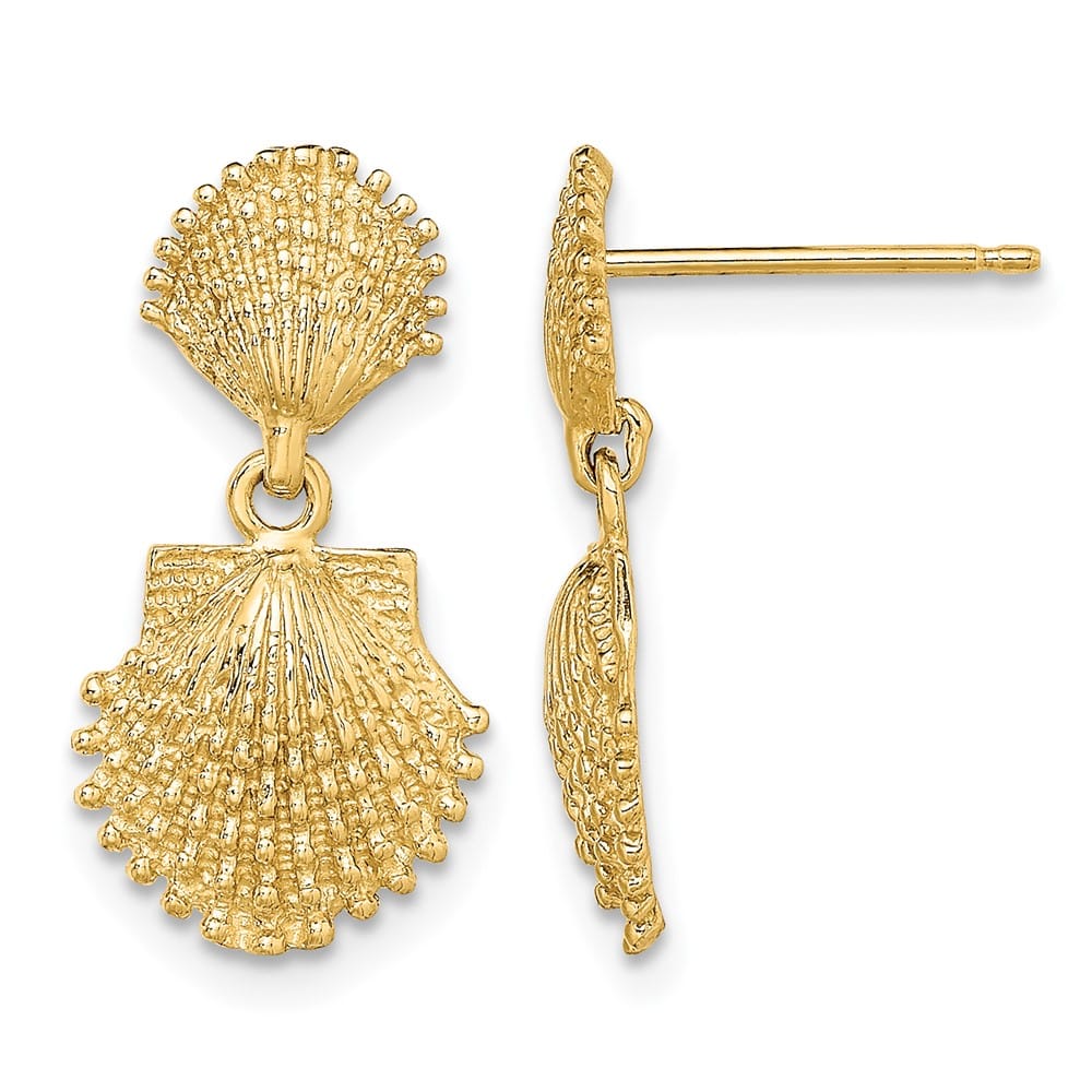 14K Yellow Gold Double Beaded Scallop Shell Dangle Earrings, view 1 of 4