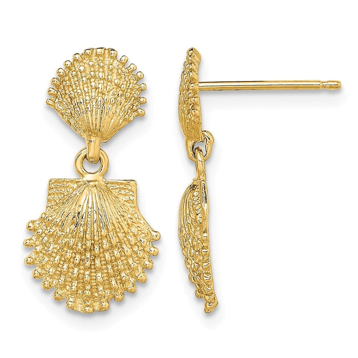 14K Yellow Gold Double Beaded Scallop Shell Dangle Earrings, view 1 of 4