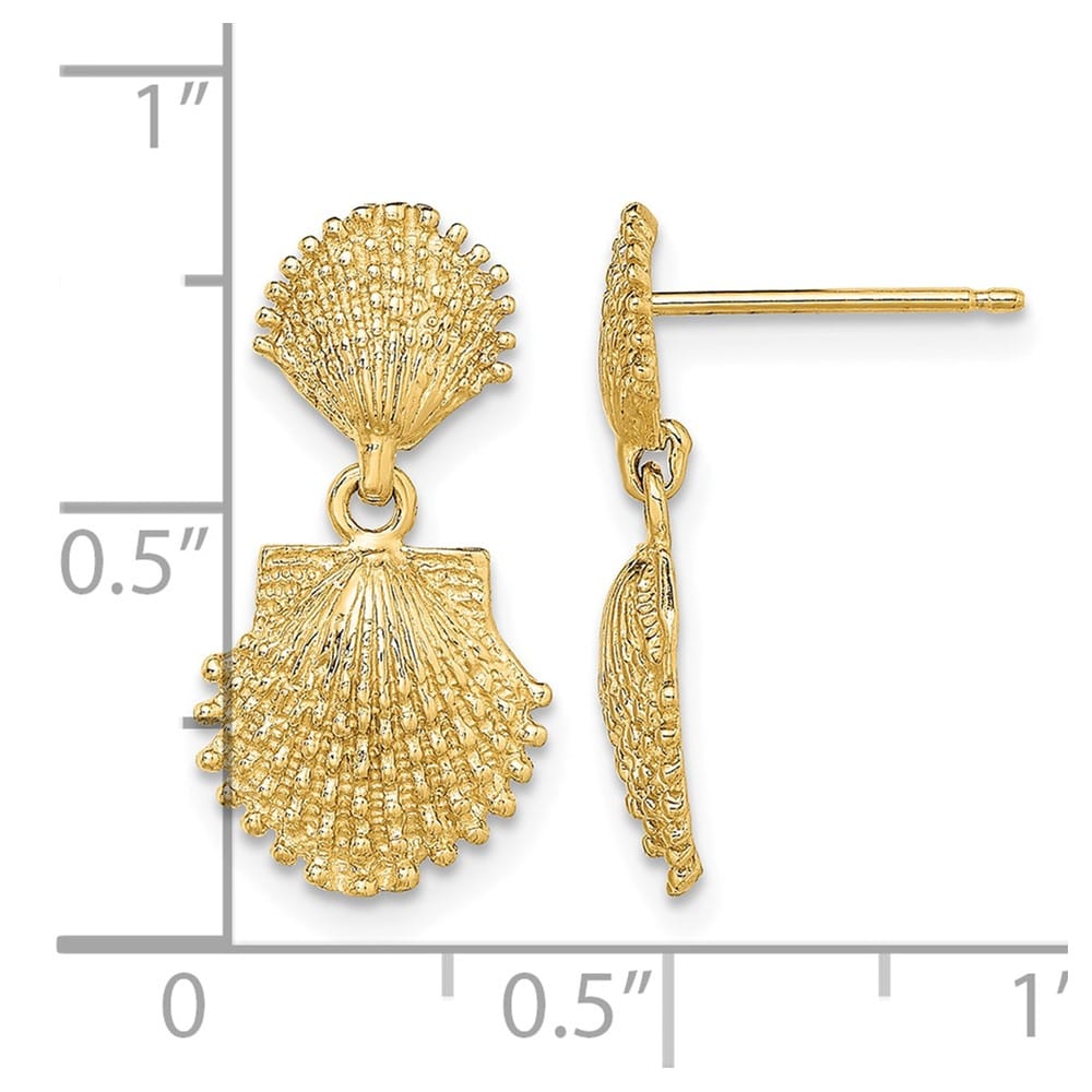 14K Yellow Gold Double Beaded Scallop Shell Dangle Earrings, view 4 of 4