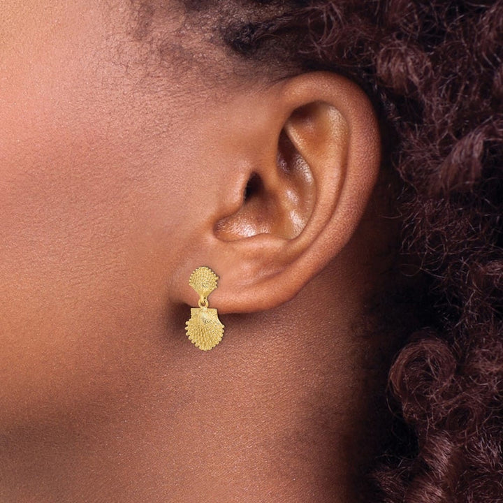 14K Yellow Gold Double Beaded Scallop Shell Dangle Earrings, view 3 of 4