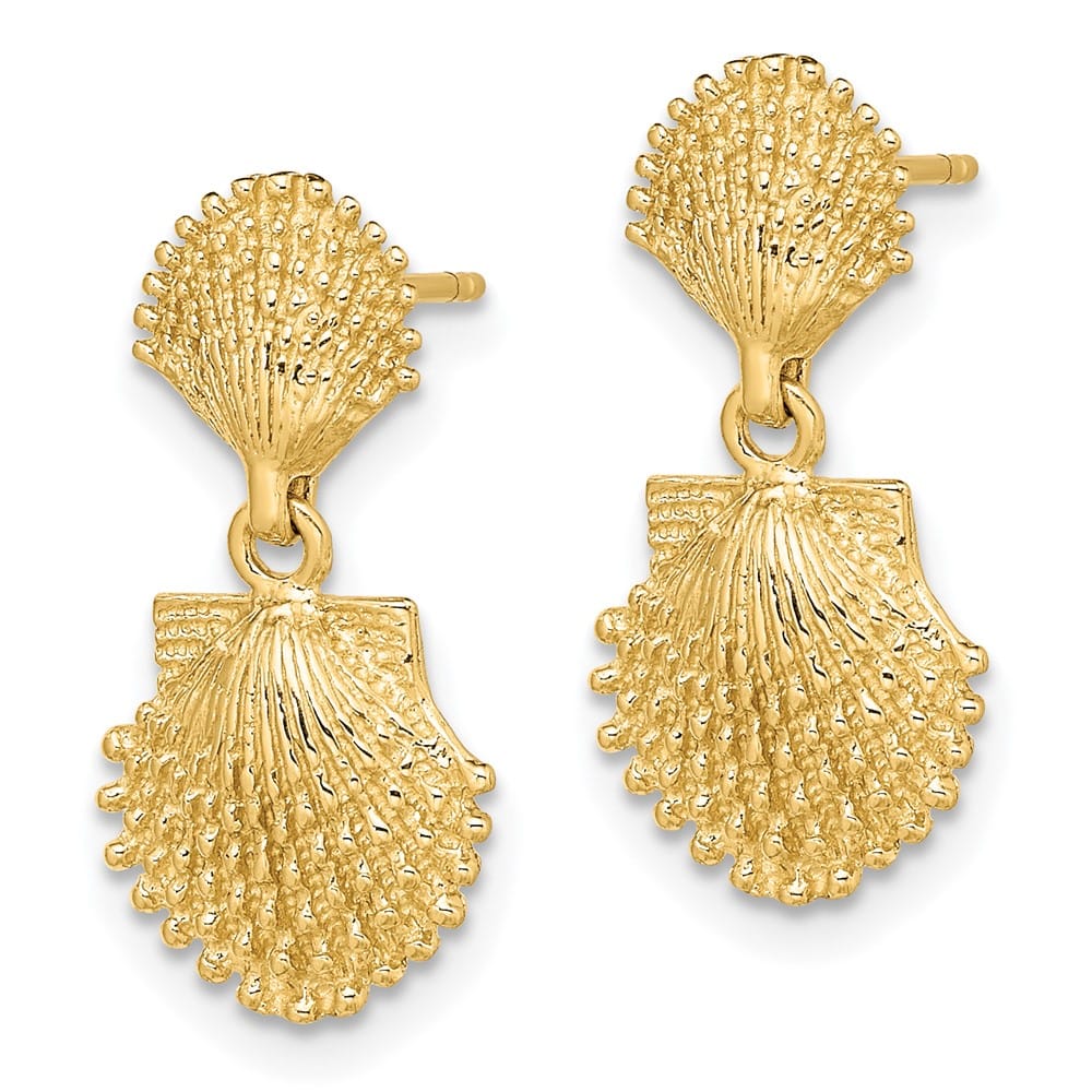 14K Yellow Gold Double Beaded Scallop Shell Dangle Earrings, view 2 of 4
