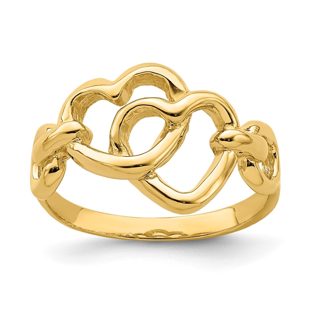 14k Yellow Gold Double Cut-out Linked Hearts Ring