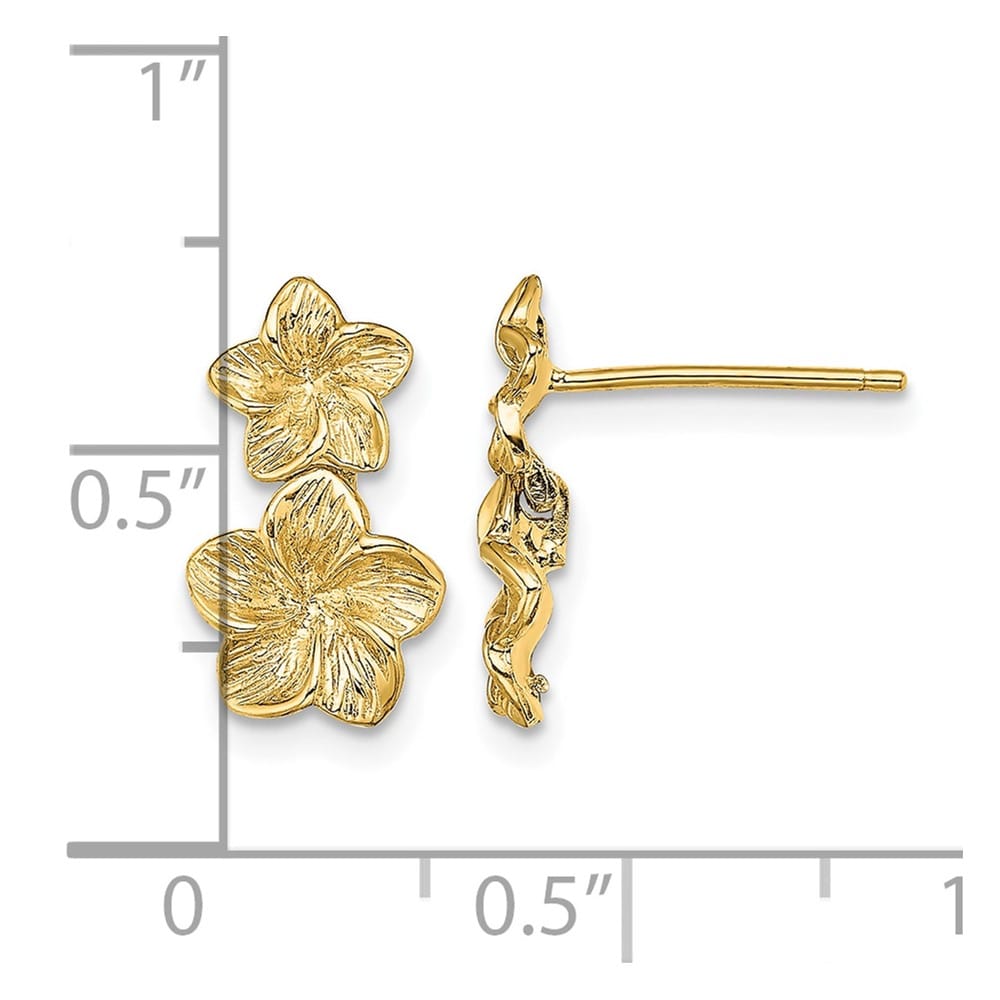 14K Yellow Gold Double Plumeria Flower Post Dangle 13.5 mm Earrings, view 4 of 4