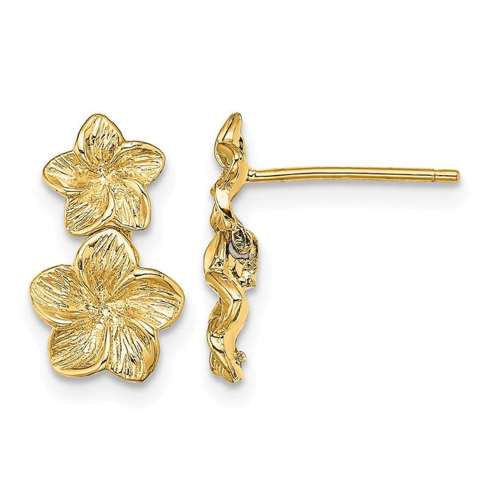 14K Yellow Gold Double Plumeria Flower Post Dangle 13.5 mm Earrings, view 1 of 4