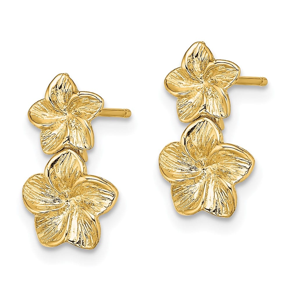 14K Yellow Gold Double Plumeria Flower Post Dangle 13.5 mm Earrings, view 2 of 4